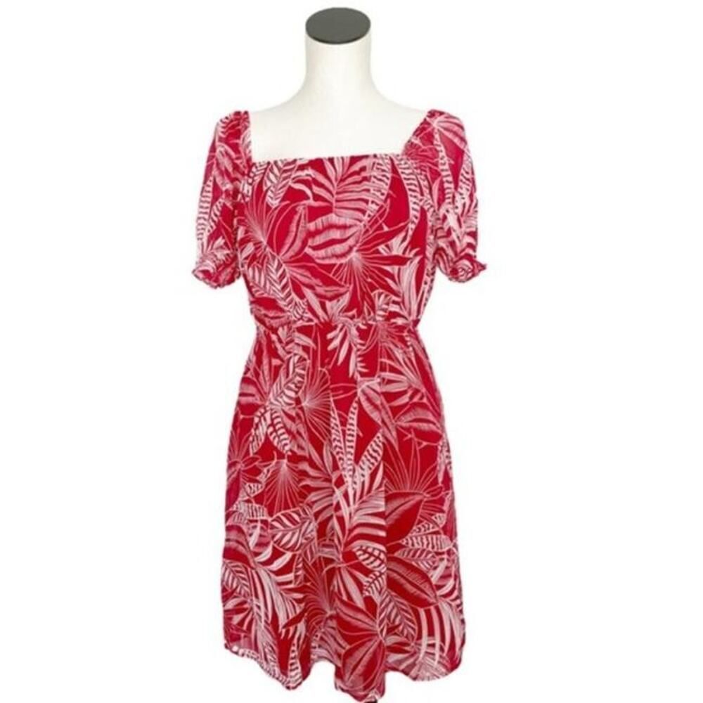 Banana Republic Chiffon Tropical Leaf Print Dress Red White Flowy XL